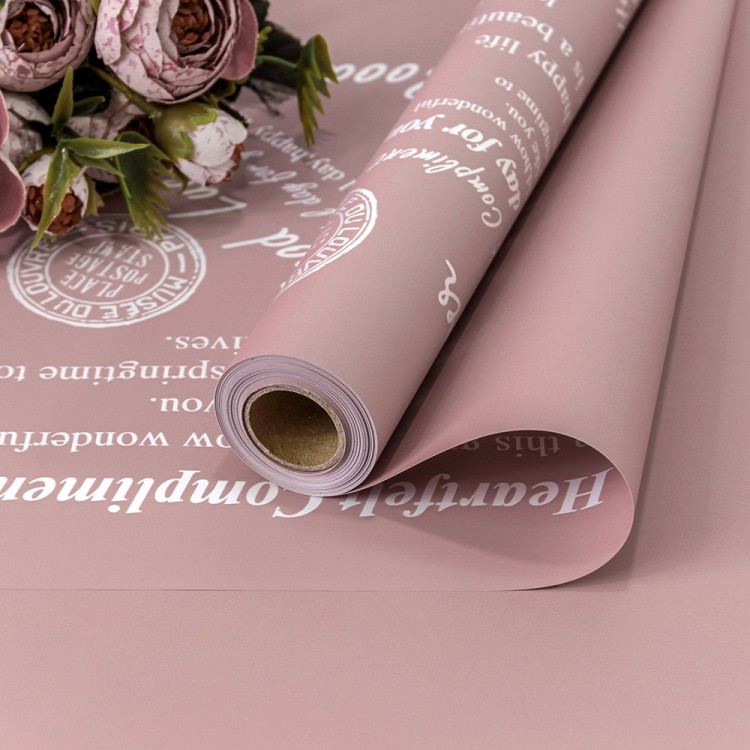 1662/7633 Плёнка 0,58*10м матовая с печатью "Good Luck" 65мкм Пудровый-7633 1/30